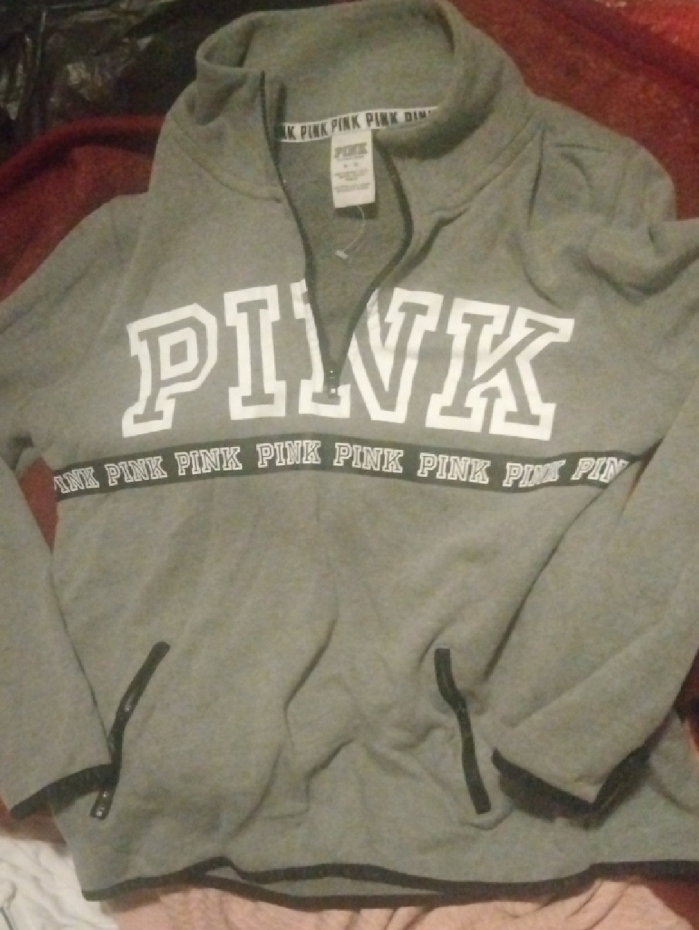 PINK Half-Zip Pullover Sweatshirt — Gray with White Logo.Girls Size M.